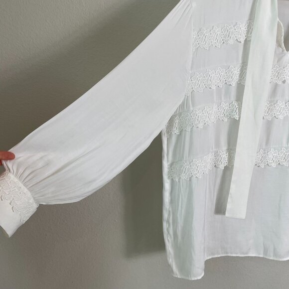 Maje 3 Womens Large Ivory Ruffle Blouse Tie Neck Long Sleeve Shirt Top - Picture 10 of 12